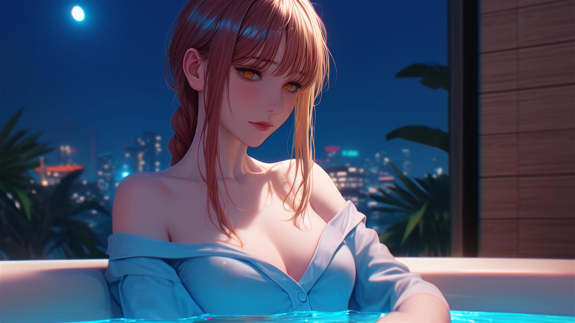 Makima from Chainsaw Man relaxing in a tub under moonlight