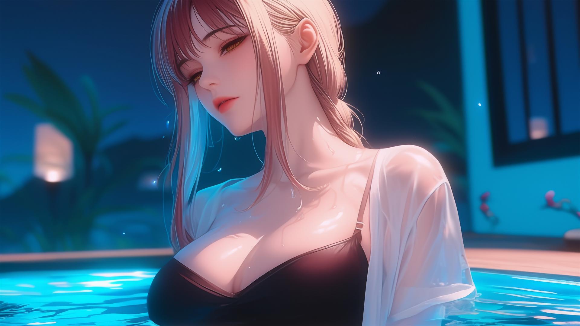 Makima from Chainsaw Man resting in tub under moonlight with blonde and redish hair