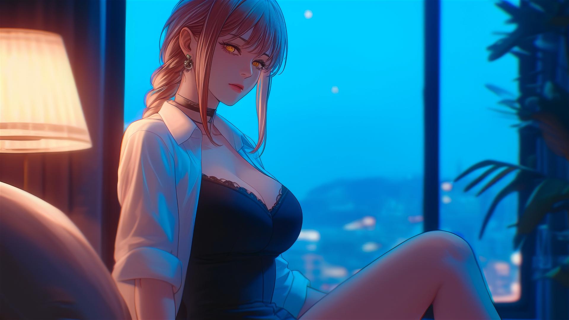 Makima from Chainsaw Man resting in an apartment under moonlight, glowing soft on her blonde and reddish hair