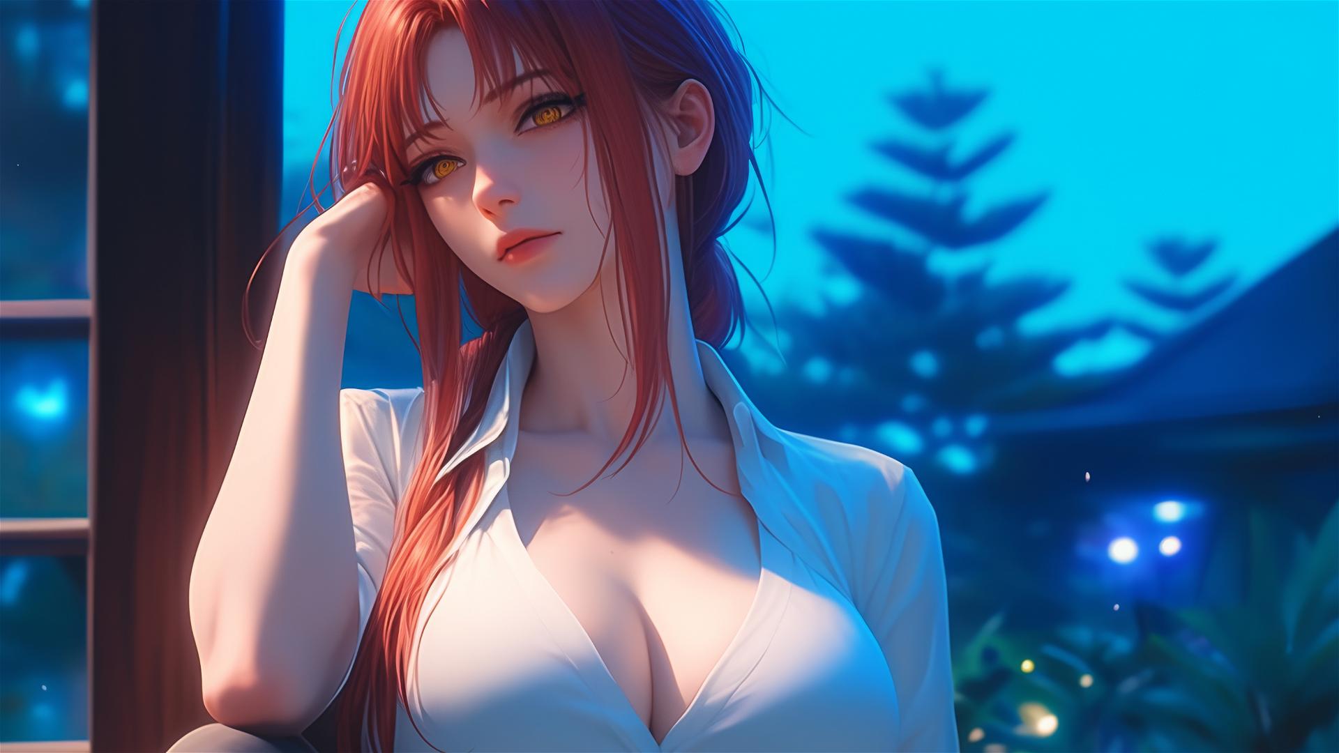 Makima from Chainsaw Man resting at apartment, illuminated by soft moon light