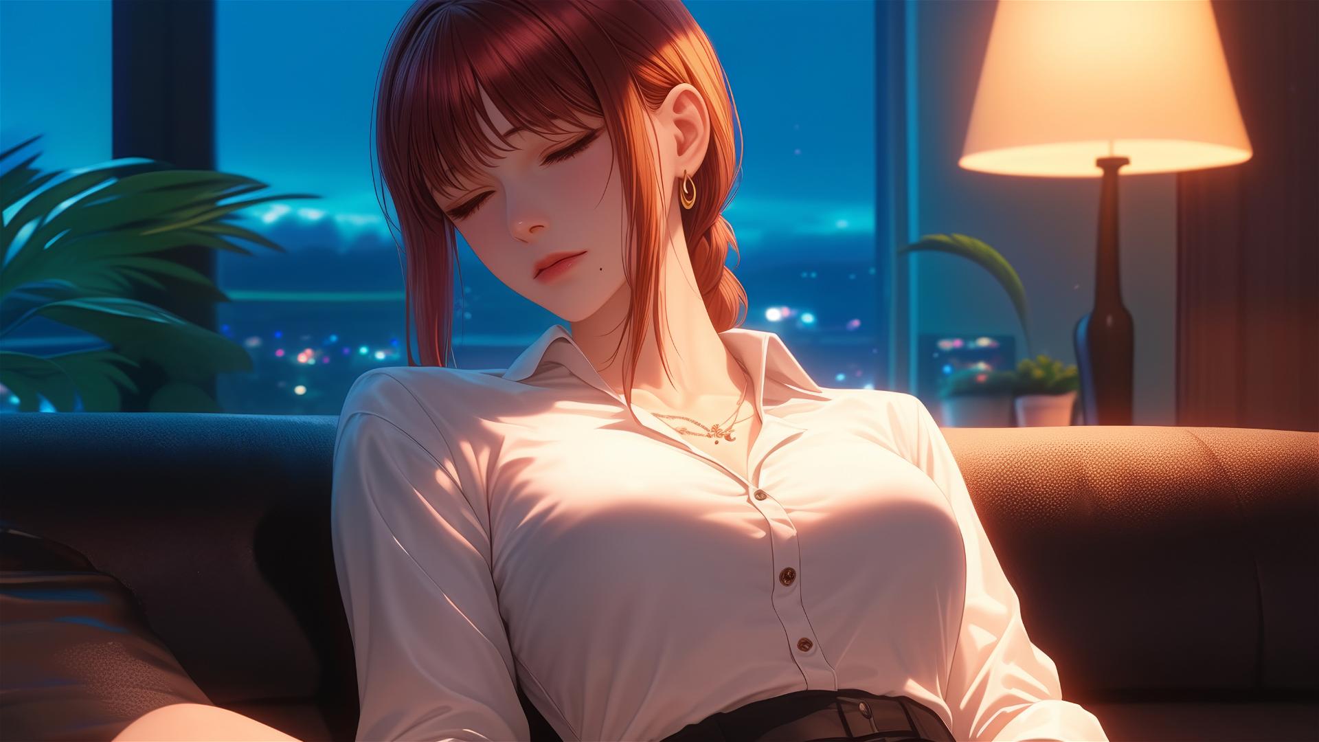 Makima from Chainsaw Man resting in apartment under moonlight, blond and redish hair