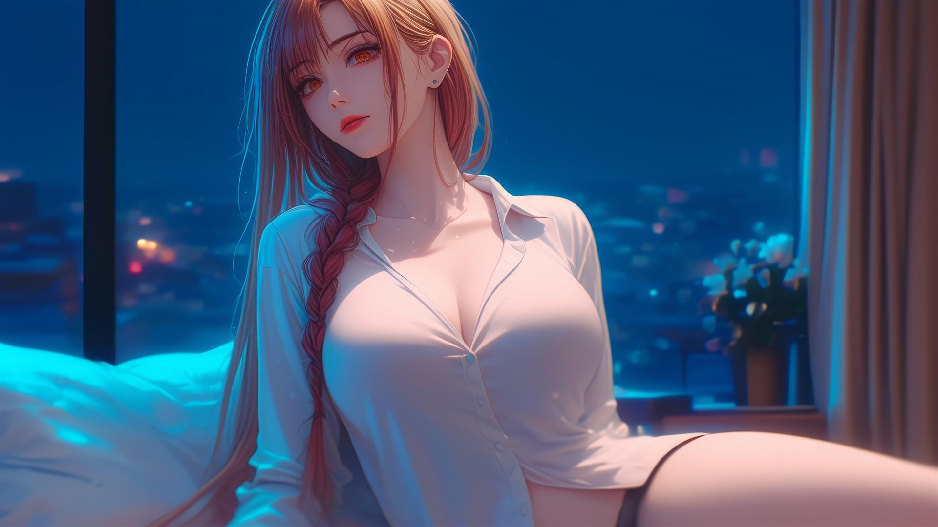 Makima from Chainsaw Man resting in moonlit apartment, soft glow on redish-blond hair