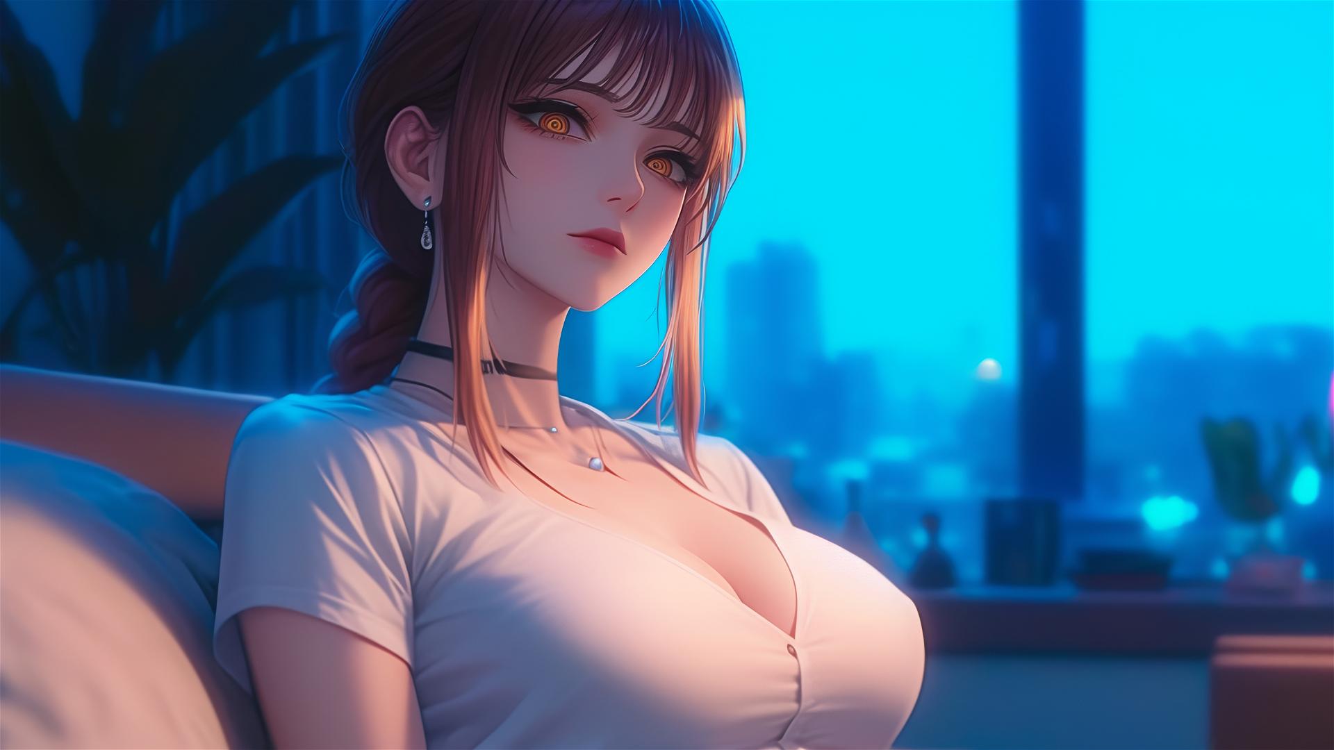 Makima from Chainsaw Man resting in apartment under moonlight with blond and redish hair