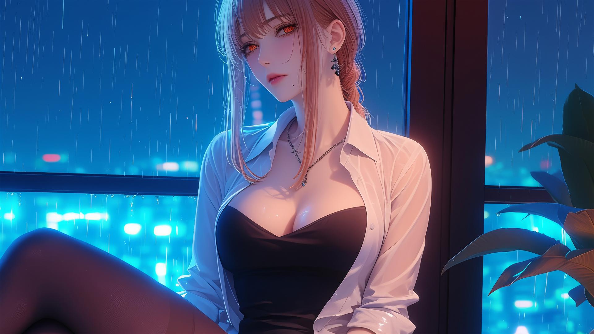 Makima from Chainsaw Man resting at an apartment under moonlight, with reddish blonde hair and rain