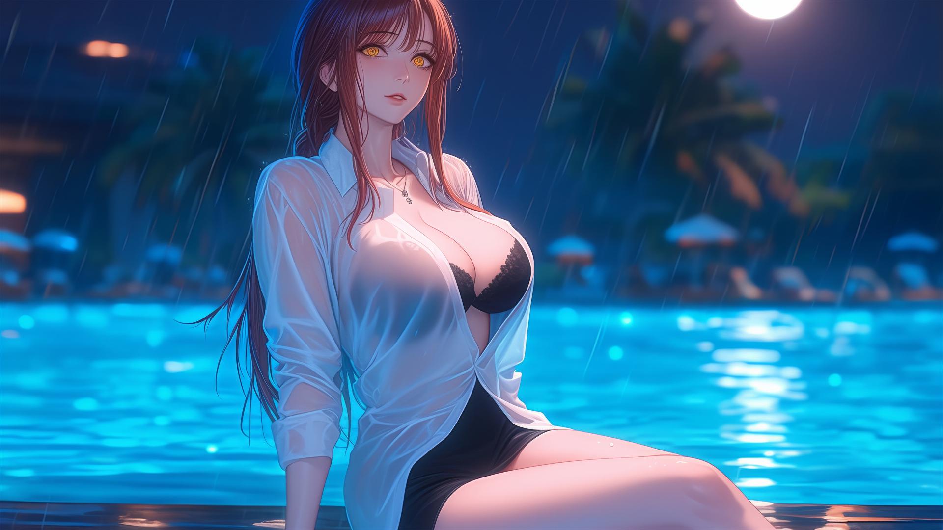 Makima from Chainsaw Man resting by a rainy swimming pool under moonlight, highlighting her blond and redish hair