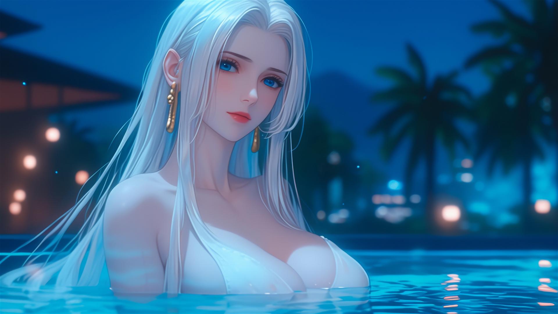 Boa Hancock from One Piece, taking a moonlit rest in her apartment tub, displaying her white hair.