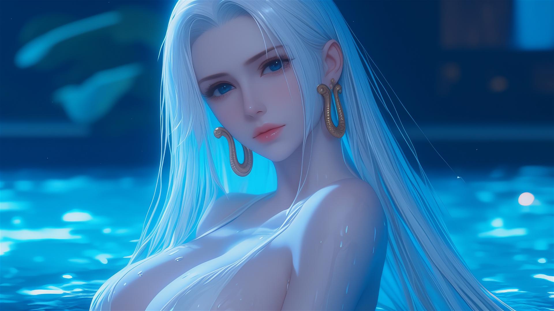 Boa Hancock from One Piece resting in tub under moonlight with white hair.