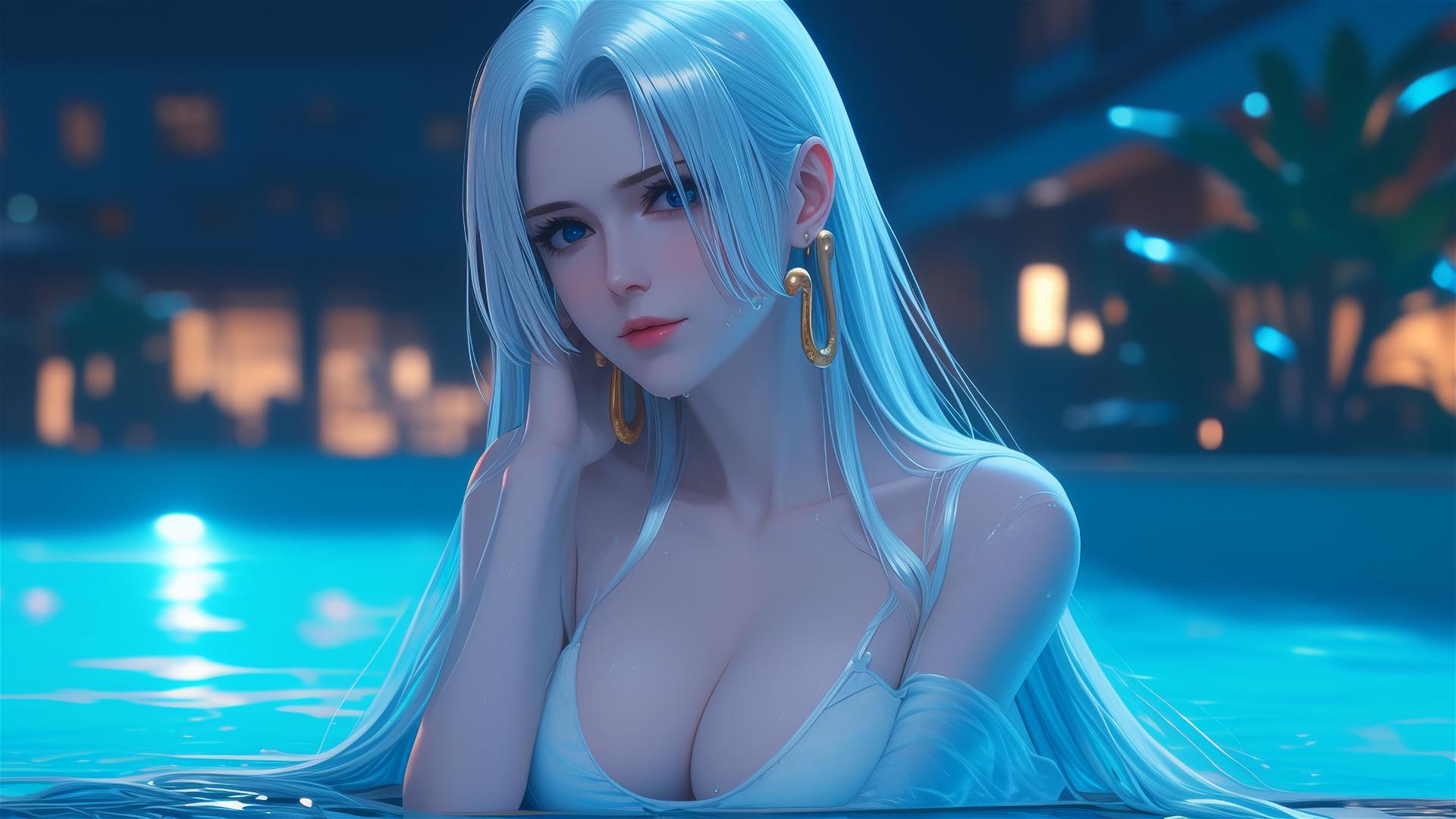 Boa Hancock from One Piece resting in tub, moonlit