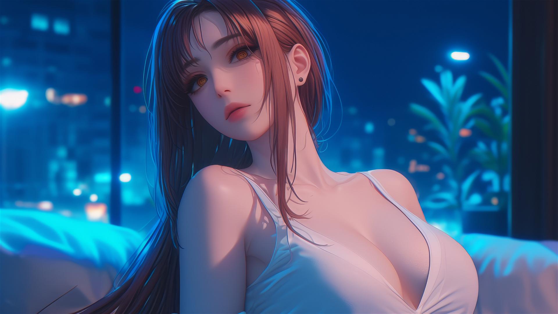 Makima from Chainsaw Man resting in an apartment under moonlight, showcasing blond and reddish hair