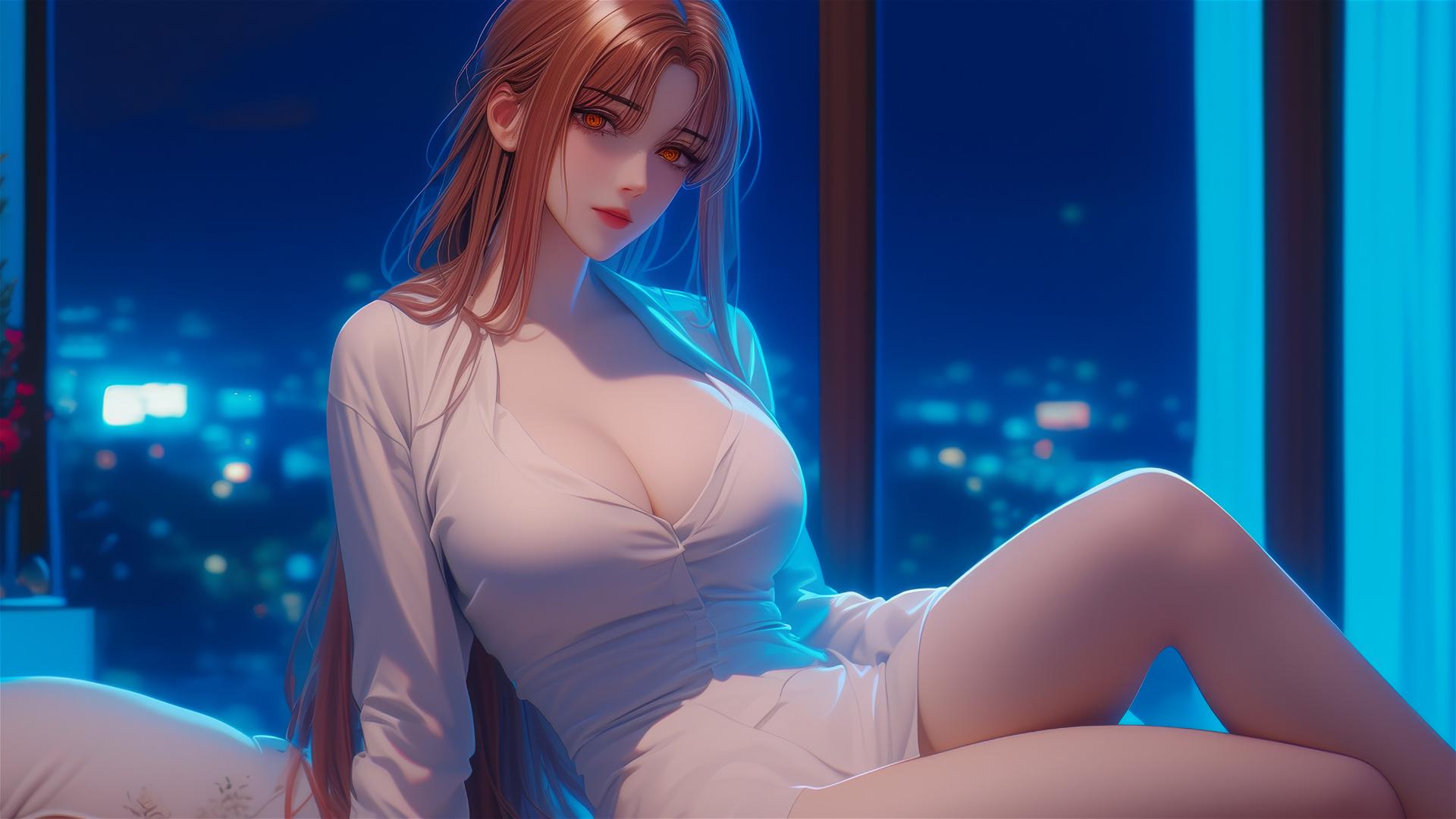 Makima from Chainsaw Man resting in moonlit apartment with reddish-blond hair