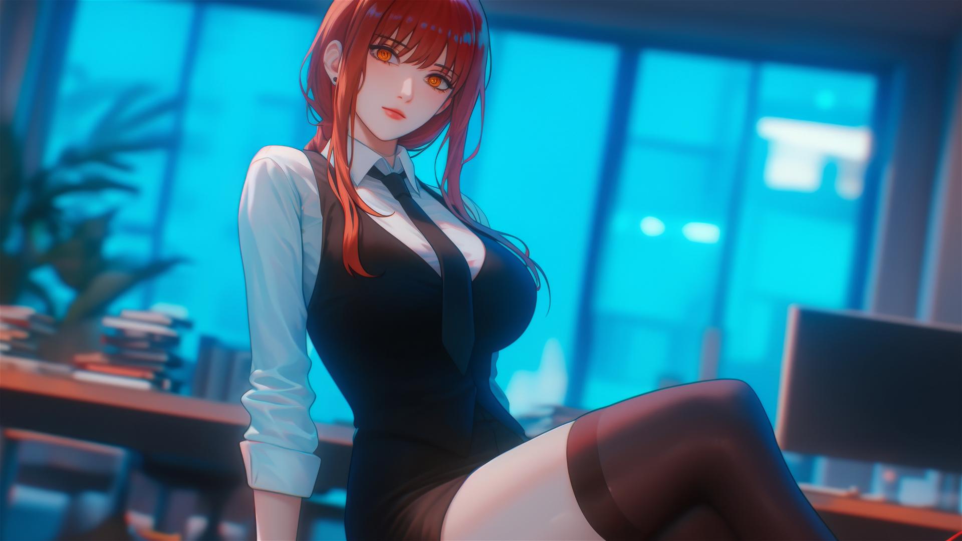 Makima from Chainsaw Man standing in the office with thigh-focused view and reddish hair