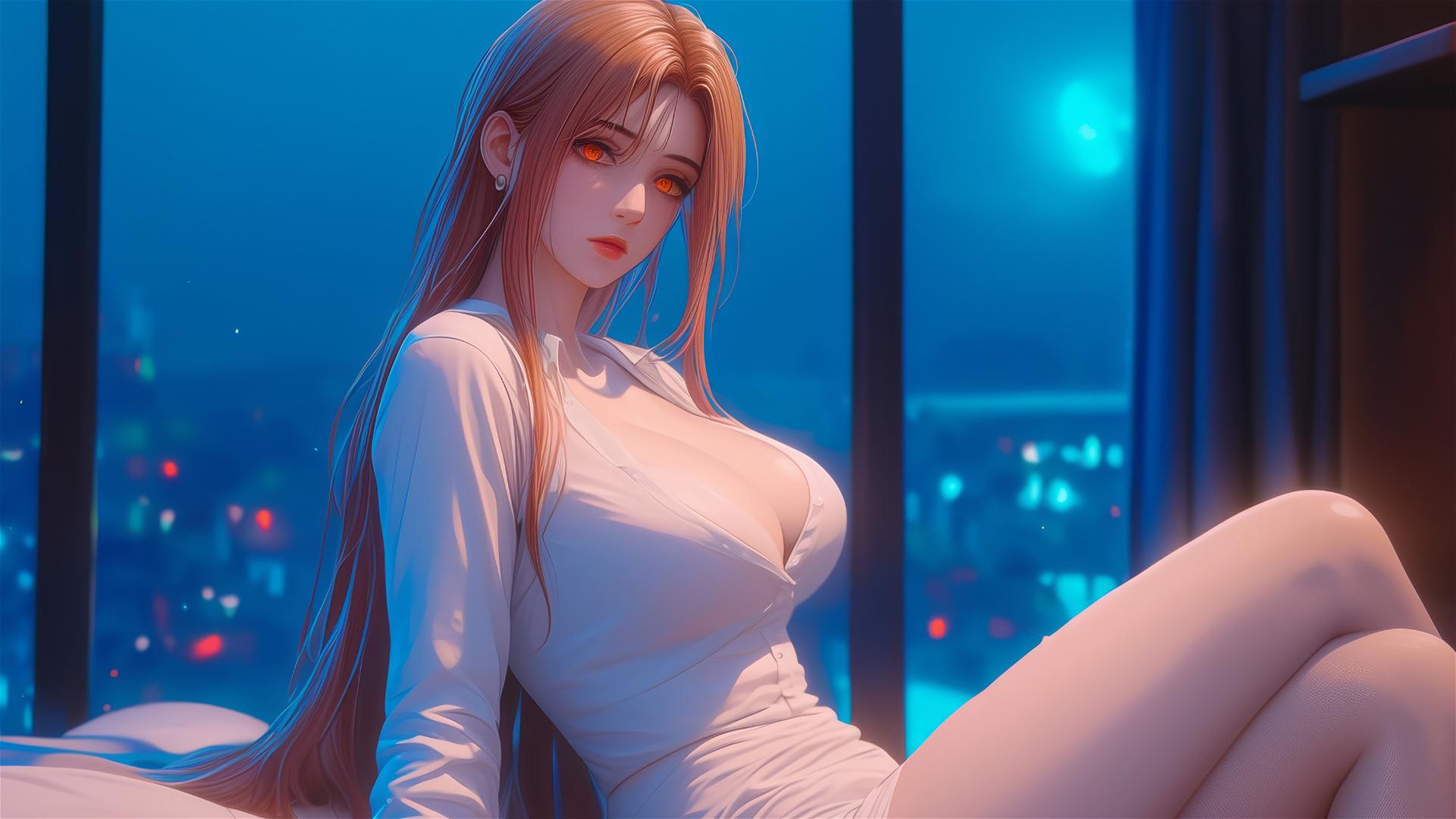 Makima from Chainsaw Man resting in apartment under moonlight, with blond and redish hair