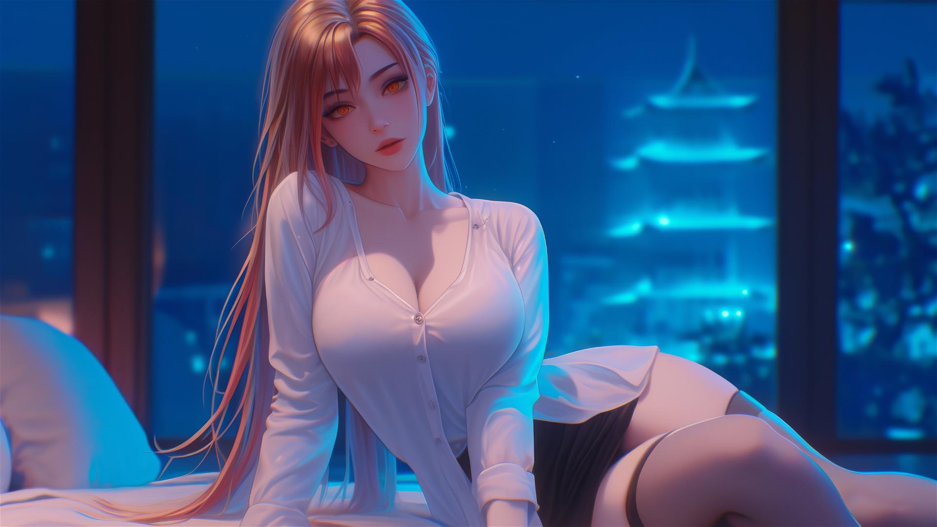 Makima from Chainsaw Man resting in moonlit apartment