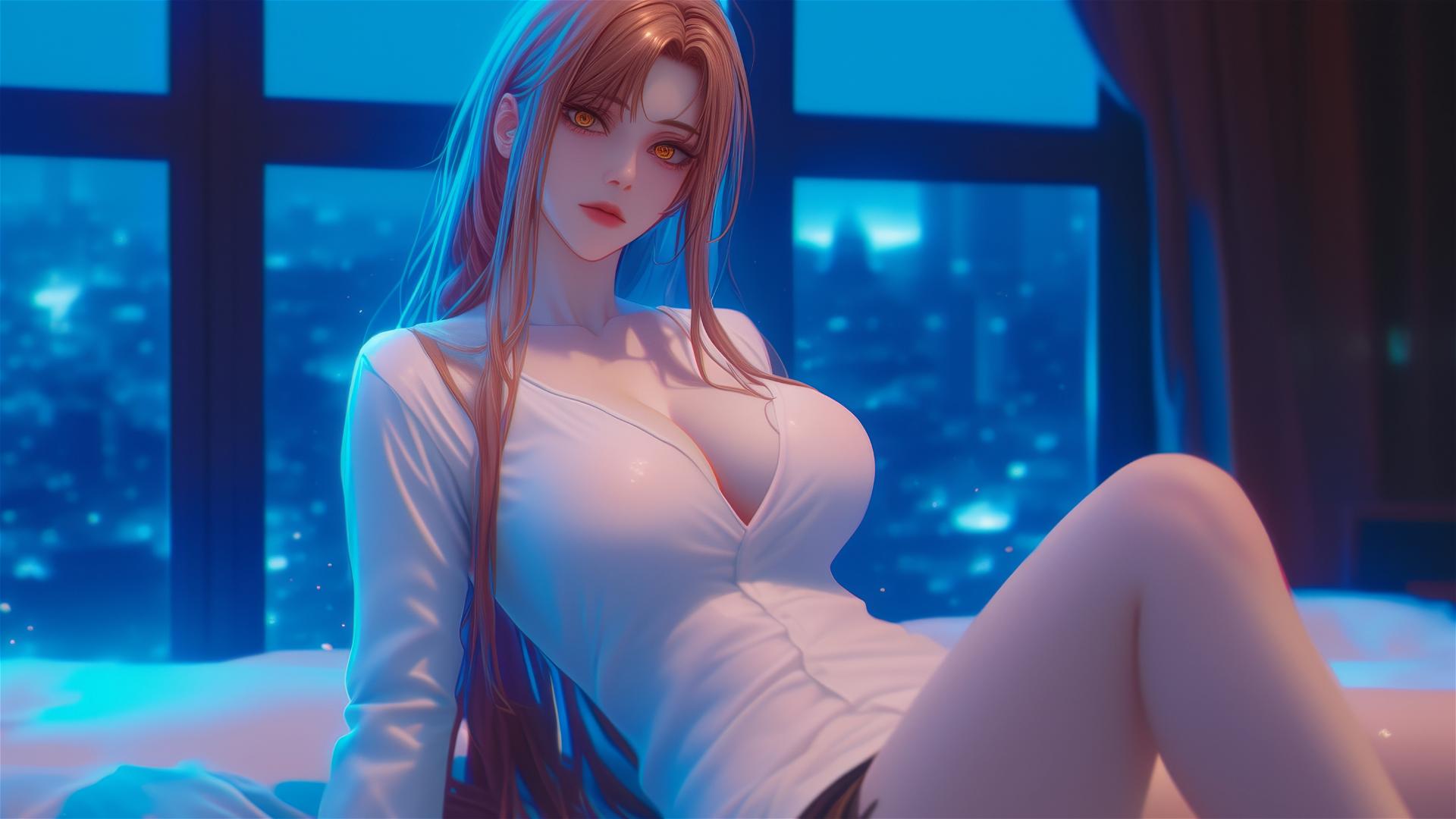 Makima from Chainsaw Man resting in an apartment illuminated by moonlight, highlighted blonde and reddish hair