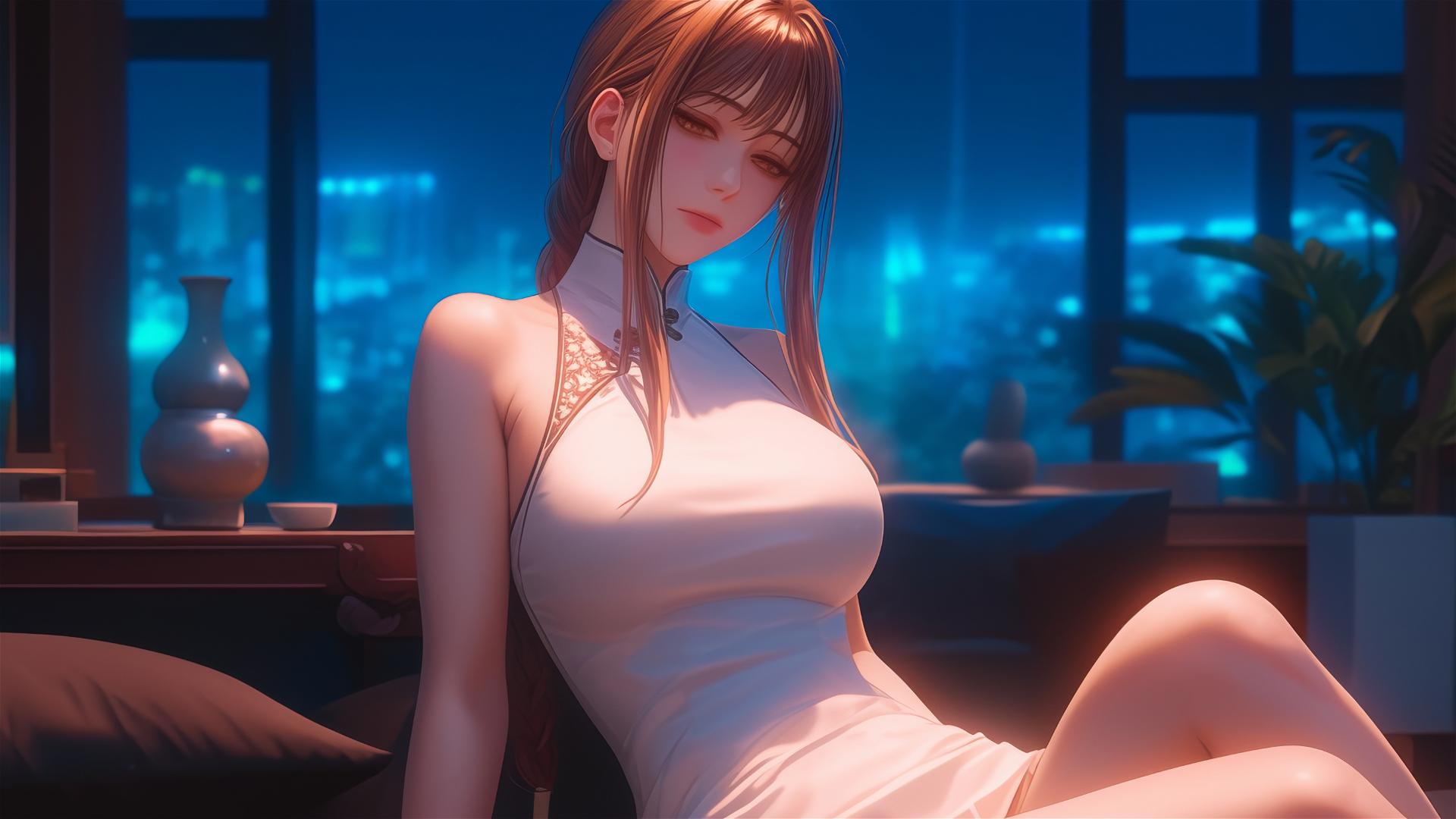 Makima from Chainsaw Man resting under moonlight in an apartment, blond and redish hair shining