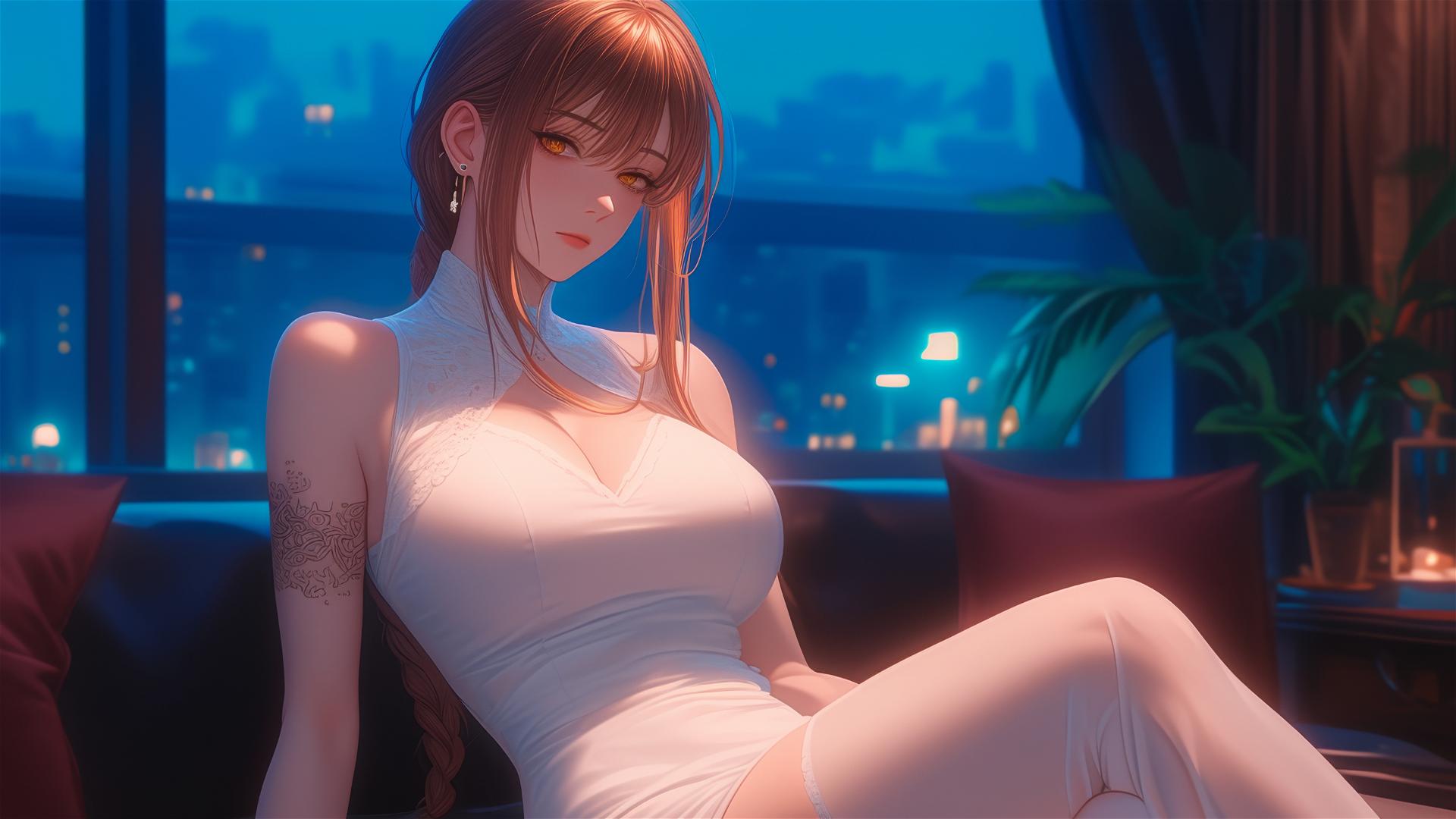 Makima from Chainsaw Man resting in an apartment under moonlight