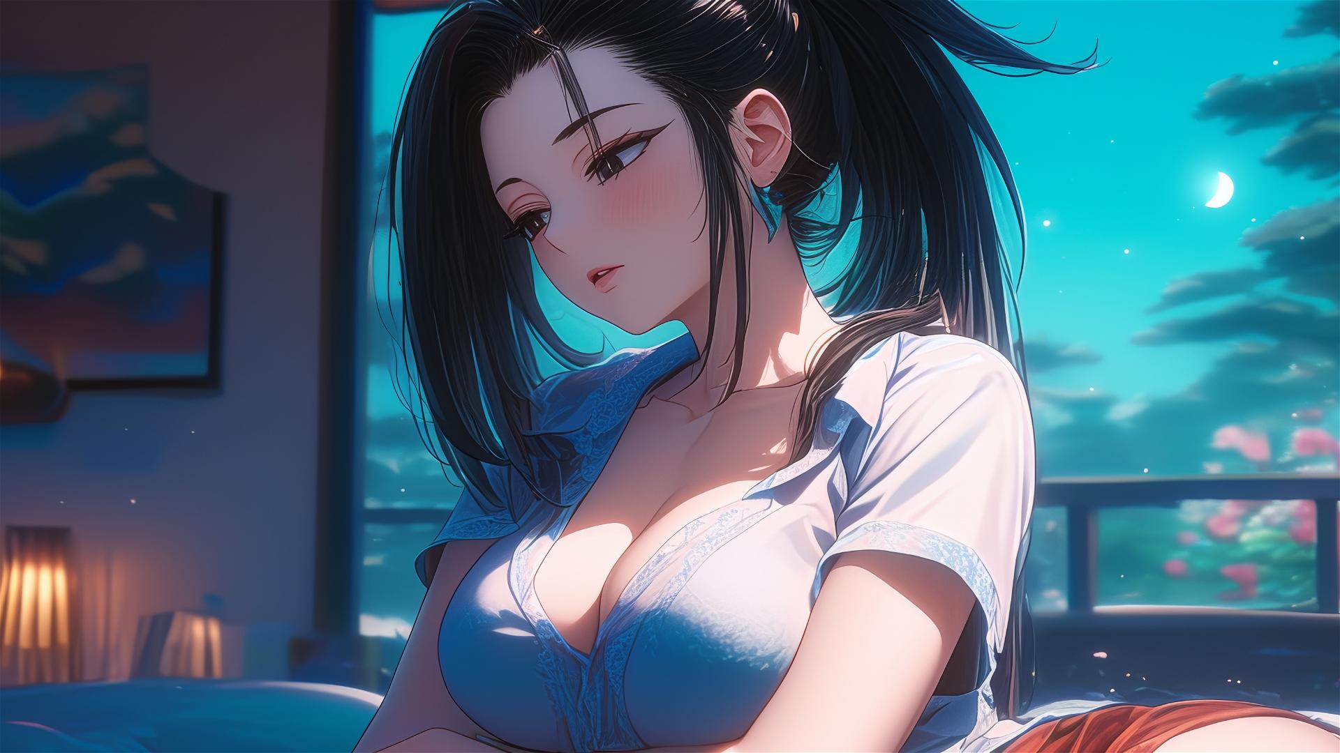 Momo Yaoyorozu resting in moonlit apartment
