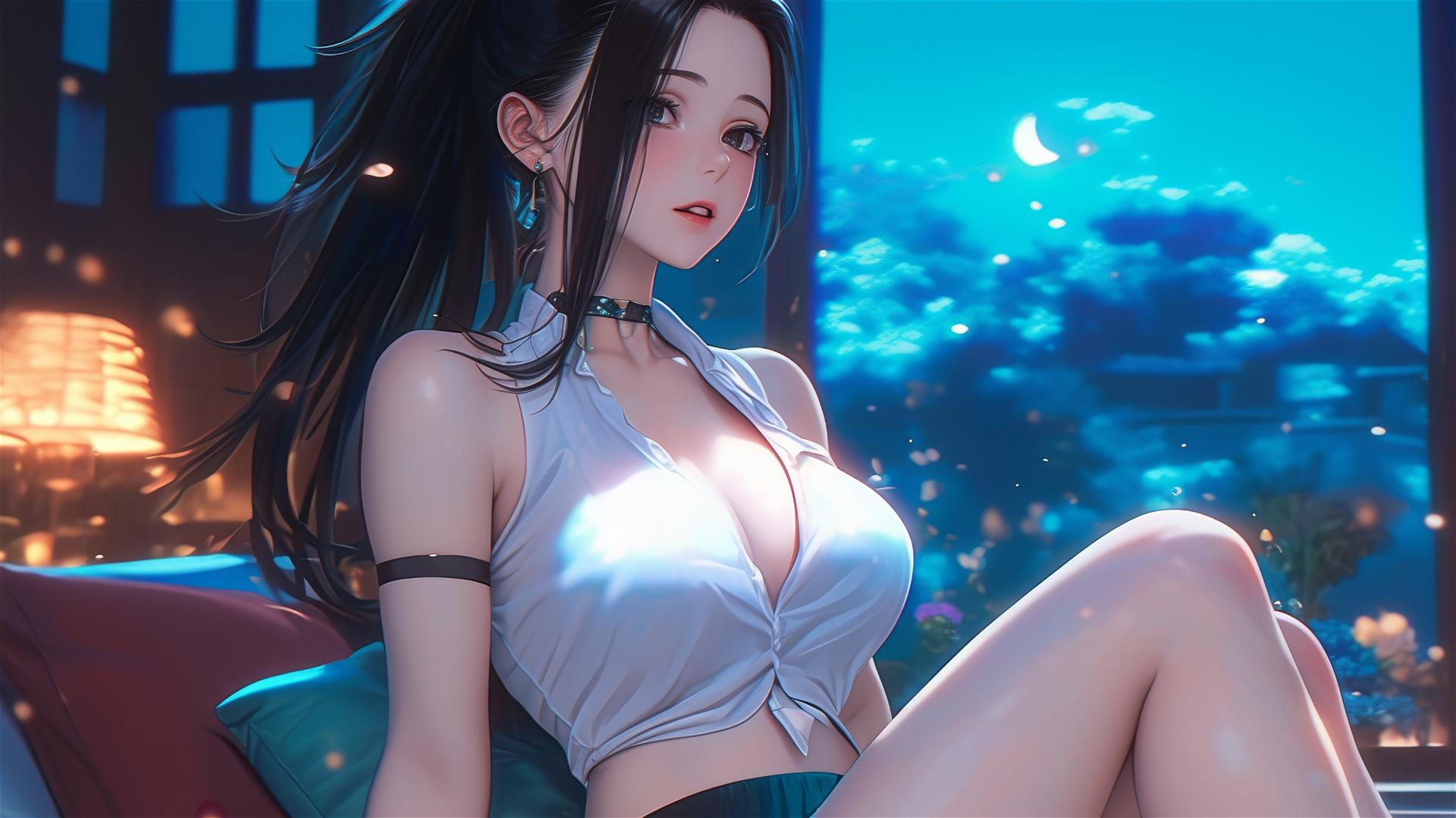 Momo Yaoyorozu from My Hero Academia resting at apartment in moonlight