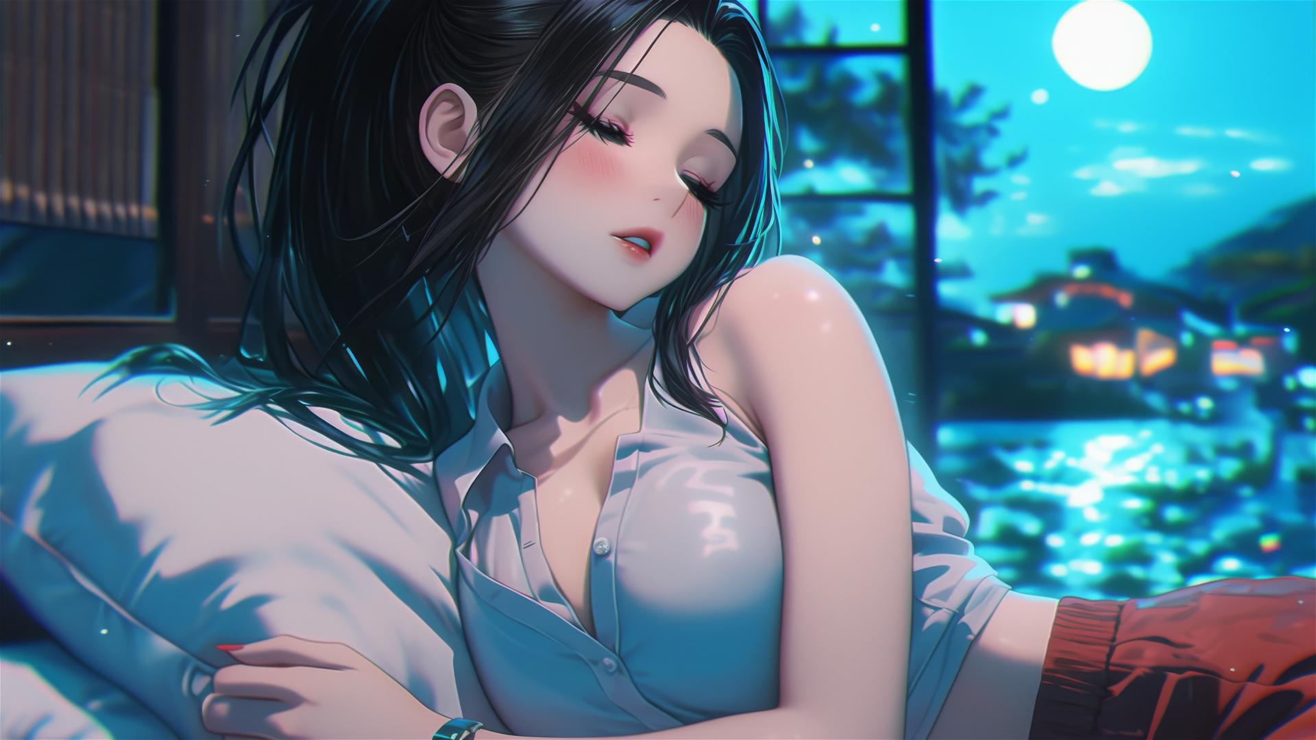 Momo Yaoyorozu from My Hero Academia resting in her apartment under moonlight