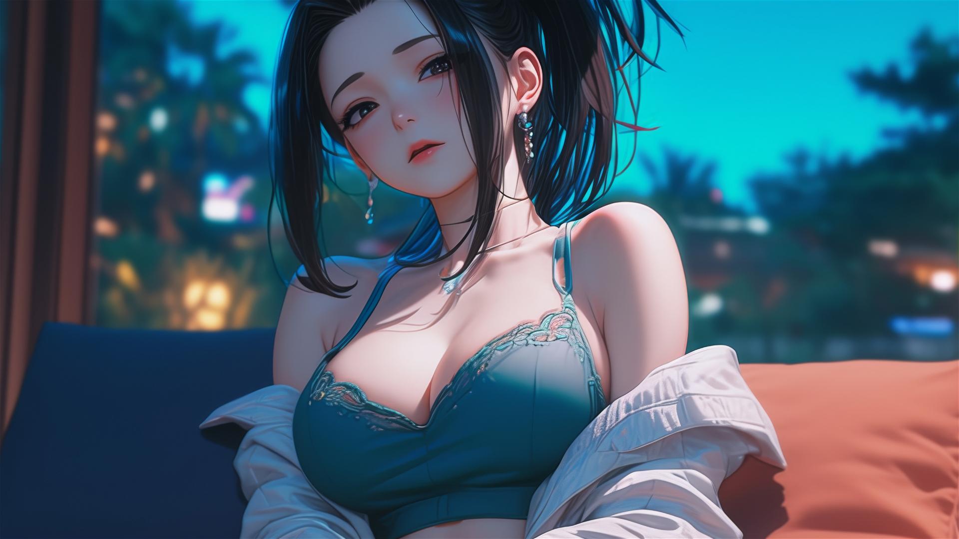 Momo Yaoyorozu from My Hero Academia resting in moonlit apartment