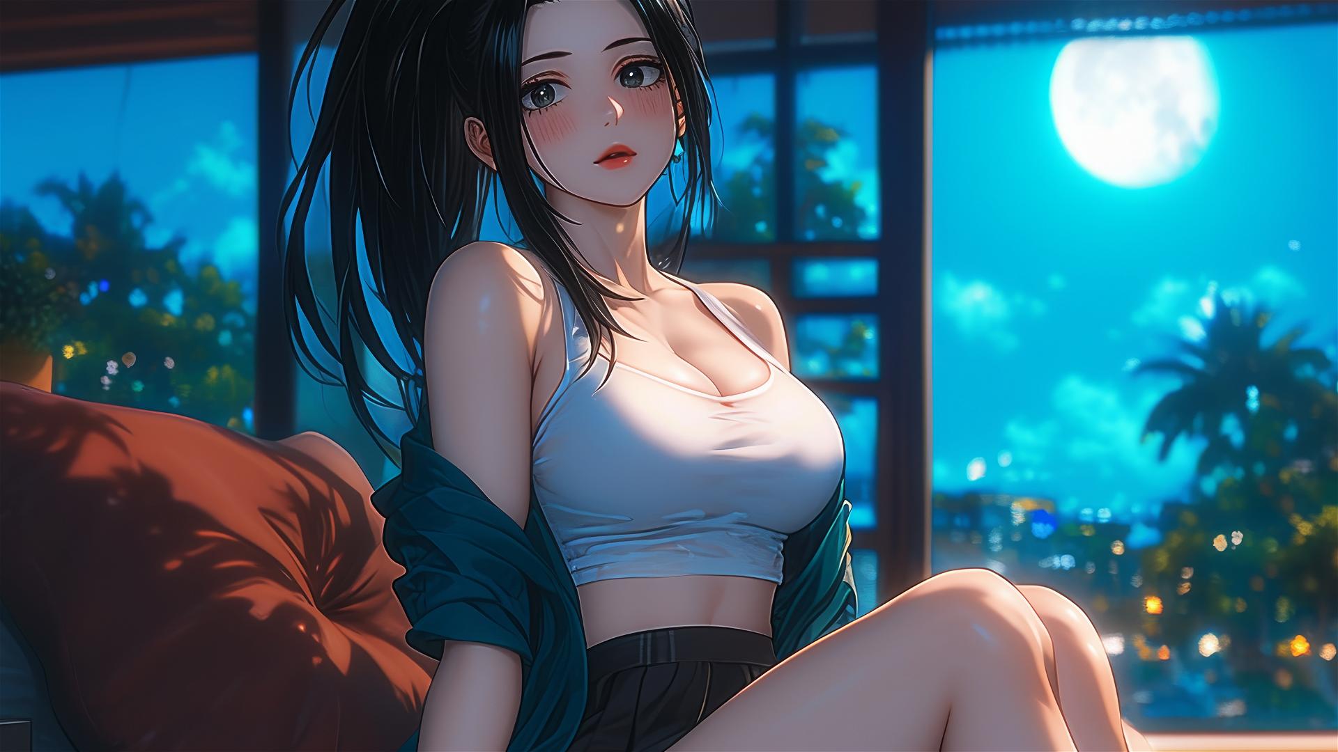 Momo Yaoyorozu from My Hero Academia resting at her apartment under the moonlight