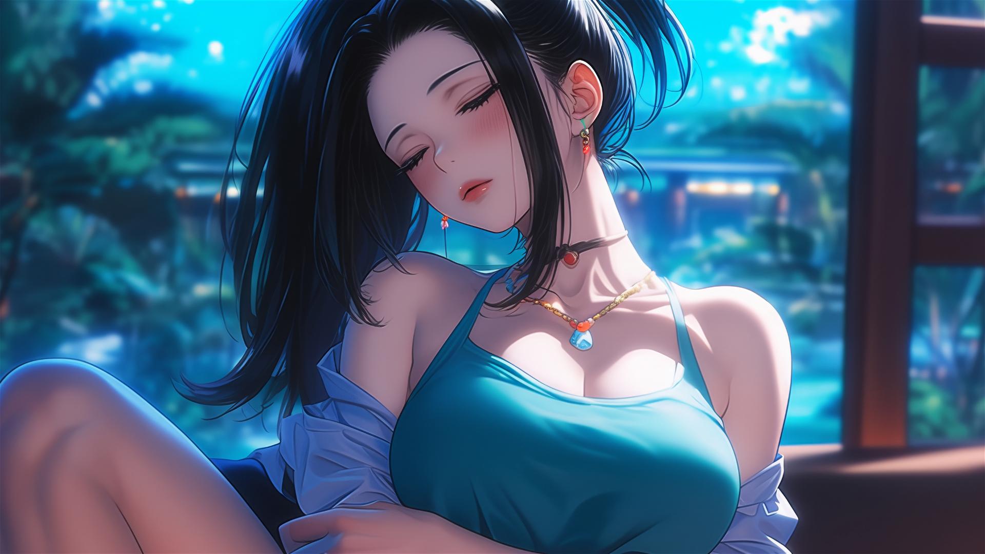 Momo Yaoyorozu from My Hero Academia, resting in moonlight at her apartment