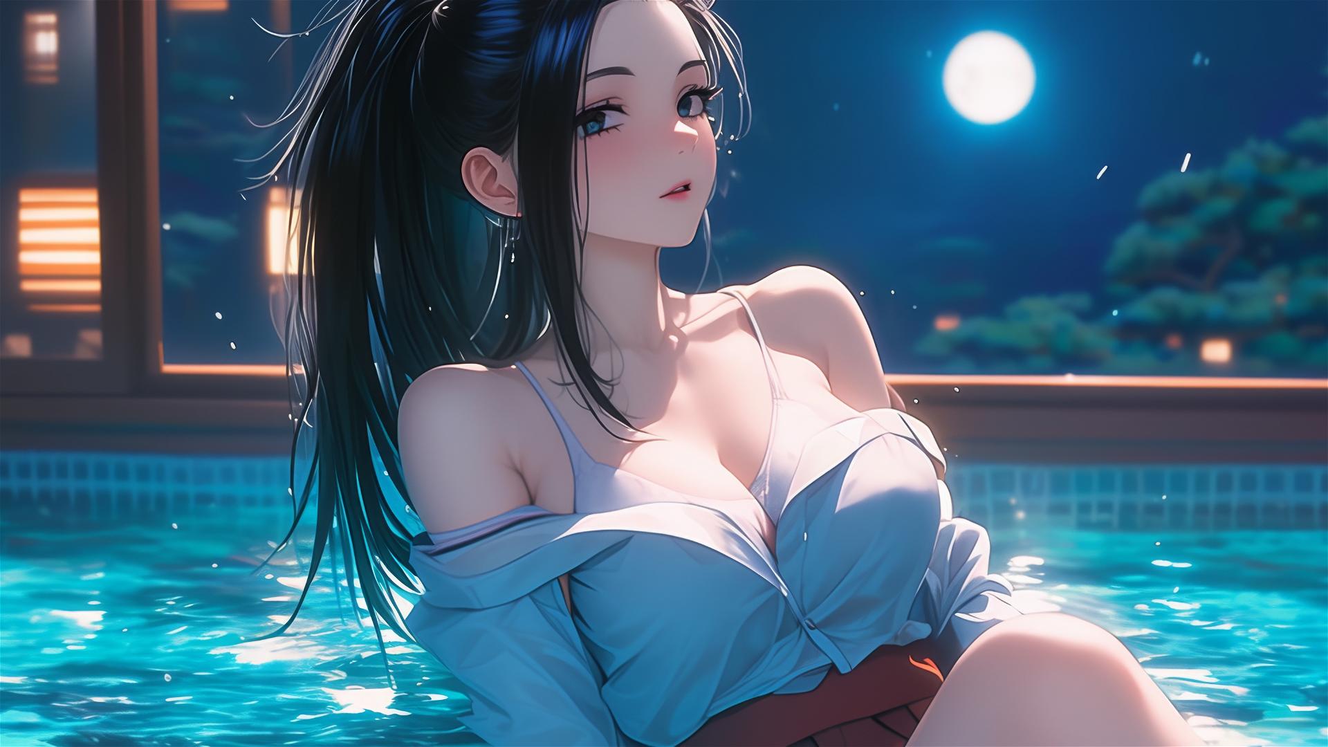 Momo Yaoyorozu from My Hero Academia resting in tub in moonlit apartment