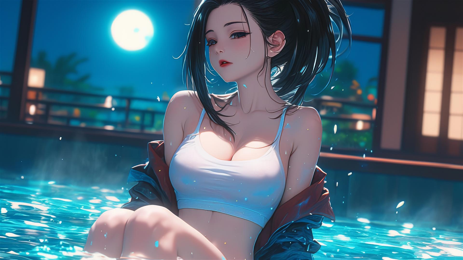 Momo Yaoyorozu from My Hero Academia resting in a tub under moonlight