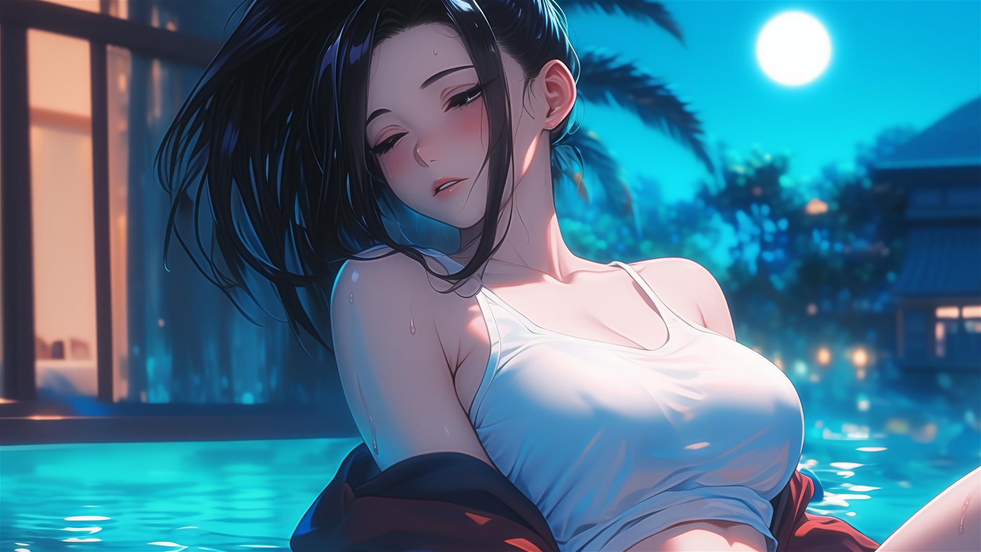 Momo Yaoyorozu from My Hero Academia, resting in her apartment bathtub under moonlight