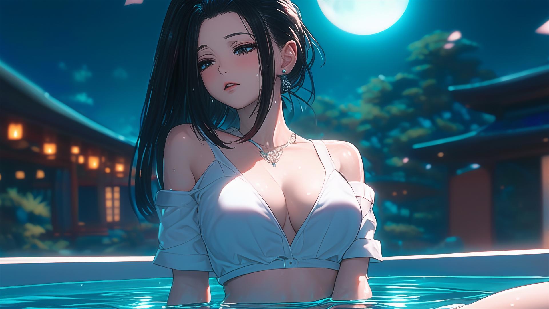 Momo Yaoyorozu of My Hero Academia resting in a tub under moonlight