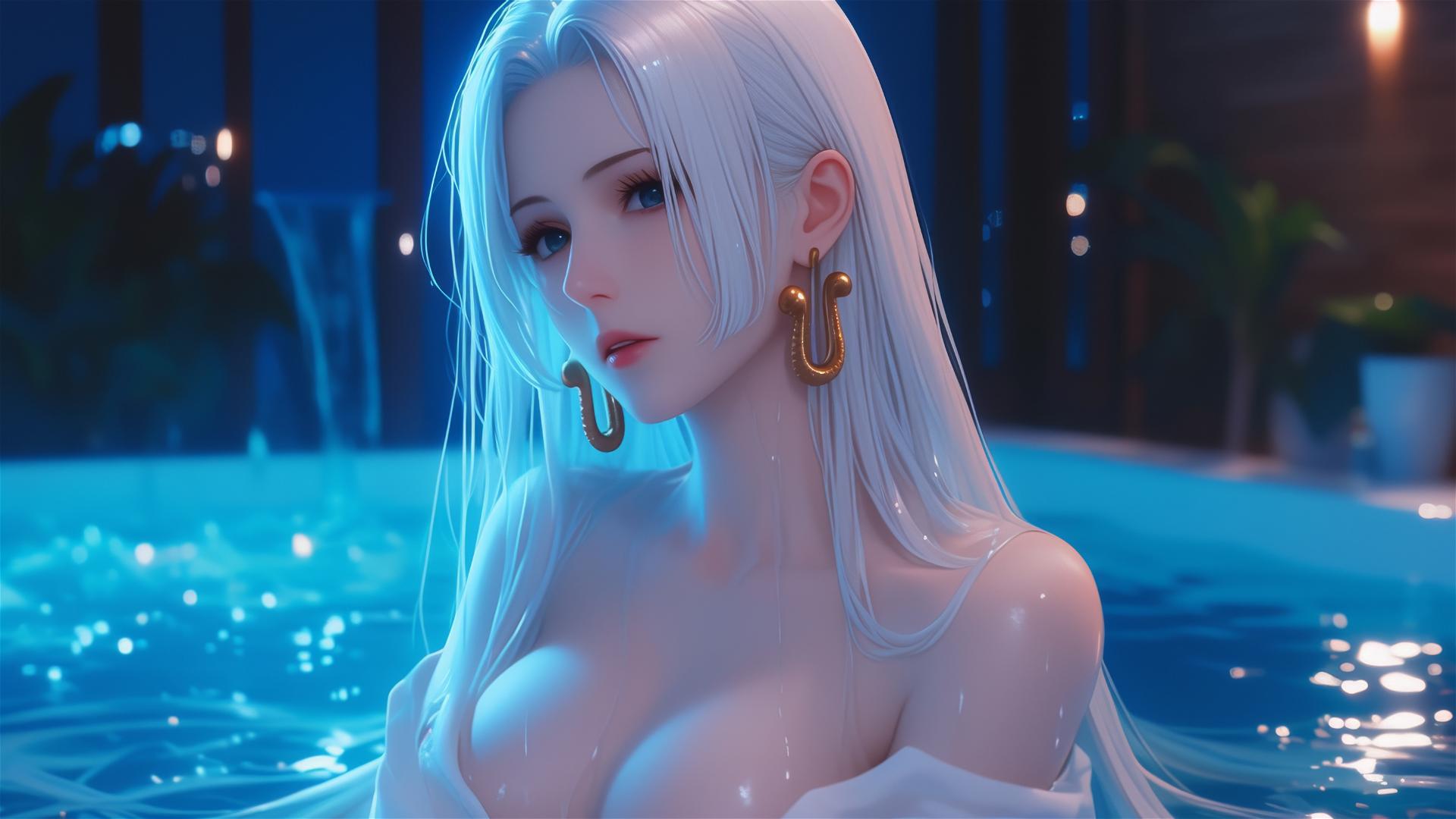 Boa Hancock from One Piece resting in tub under moonlight with white hair