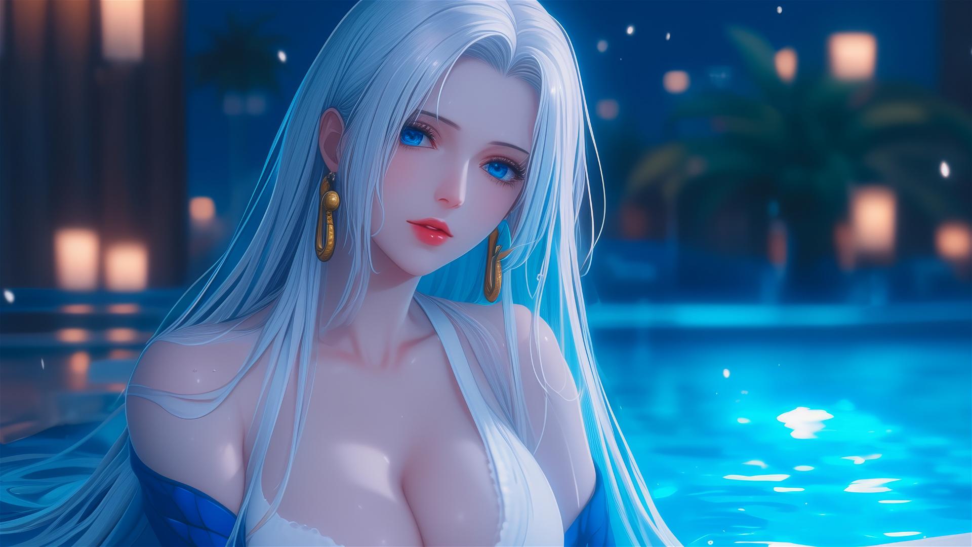 Boa Hancock from One Piece resting in her apartment's tub under moonlight with white hair