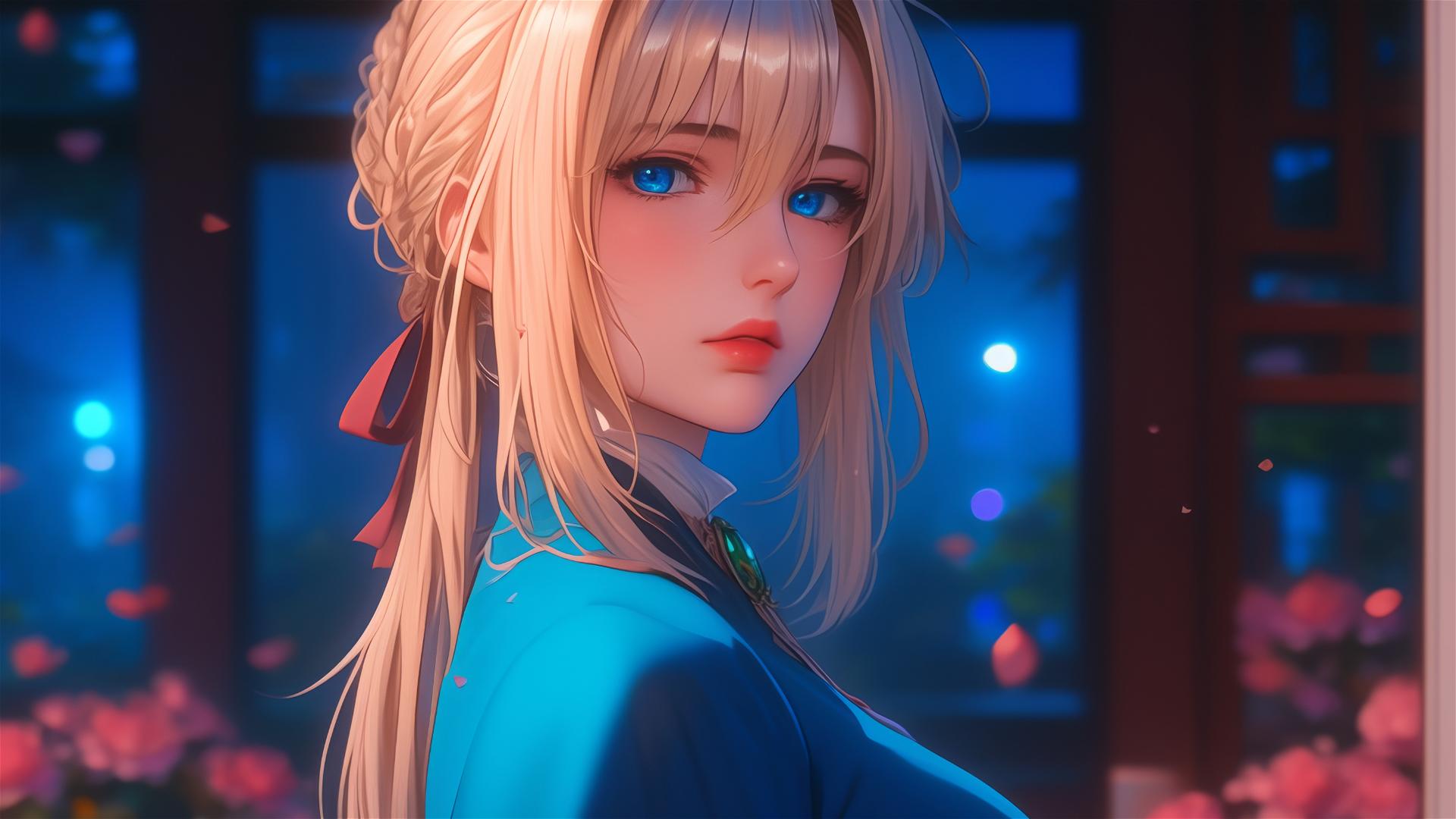 Violet Evergarden standing in moonlight at home