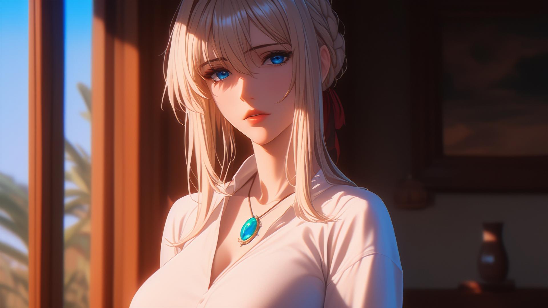 Violet Evergarden standing under moonlight at her house