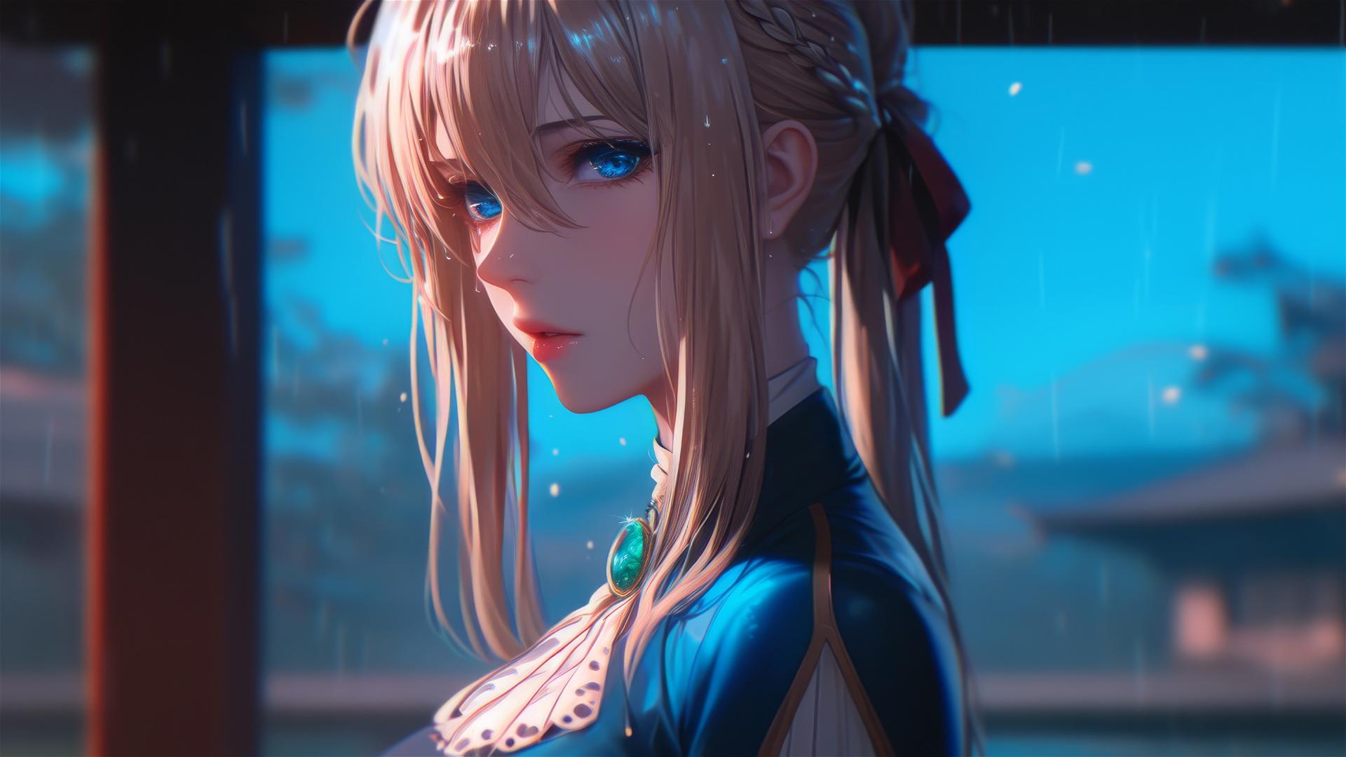 Violet Evergarden standing leisurely at her house bathed in soft moonlight