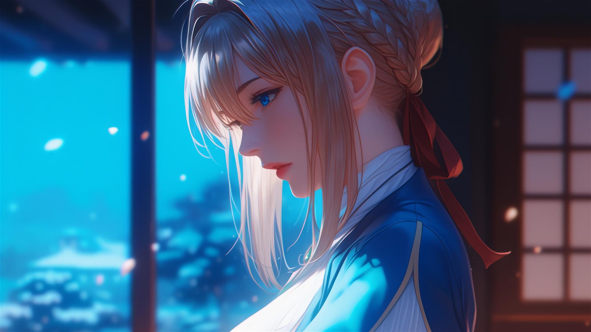 Violet Evergarden standing leisurely at her house in moonlight