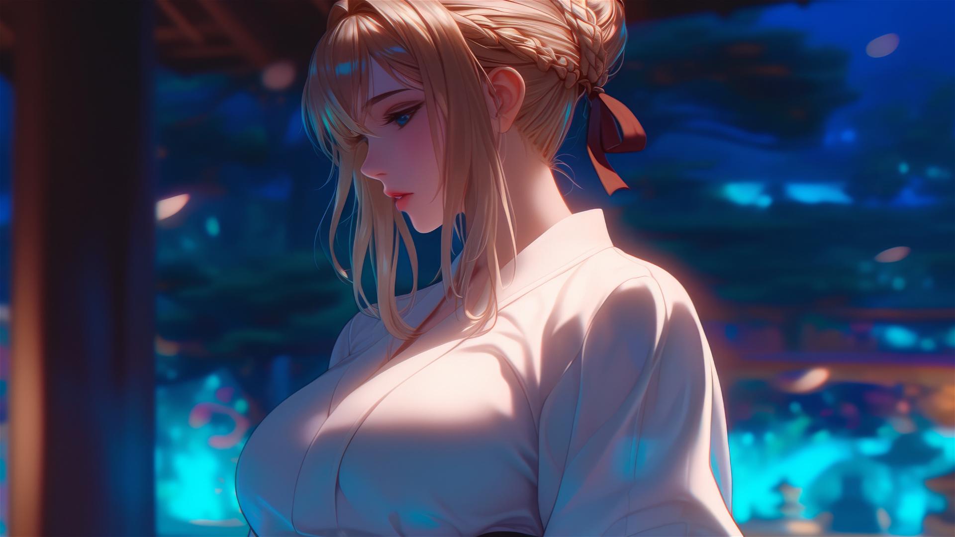 Violet Evergarden standing in moonlight at her house