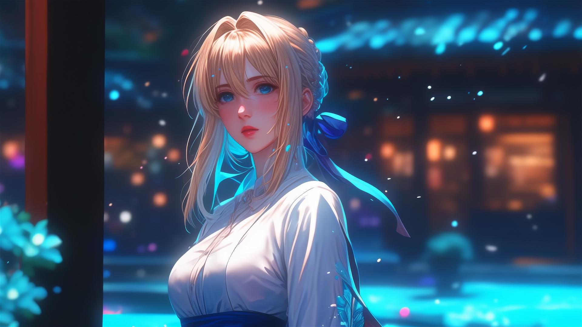 Violet Evergarden Standing Under Moonlight at Home