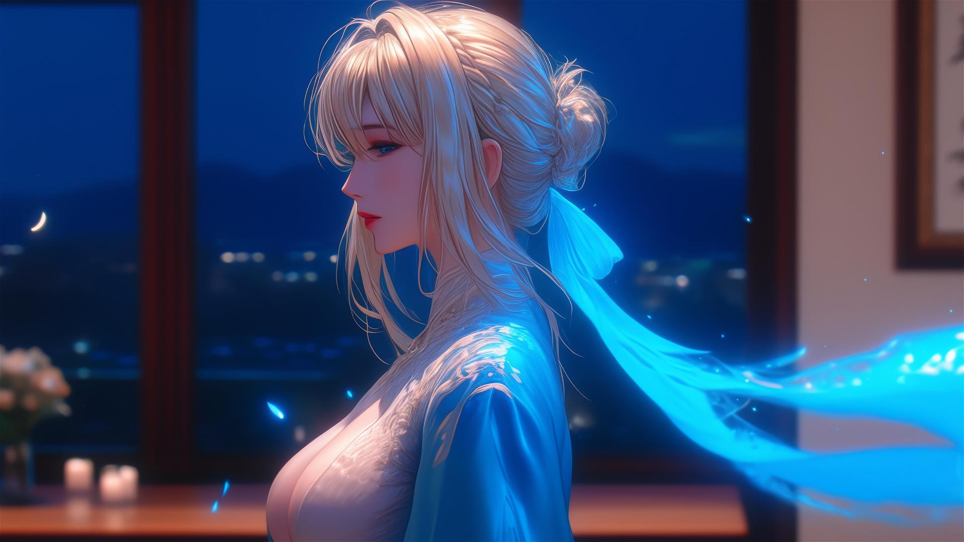 Violet Evergarden standing leisurely at her house under the moonlight