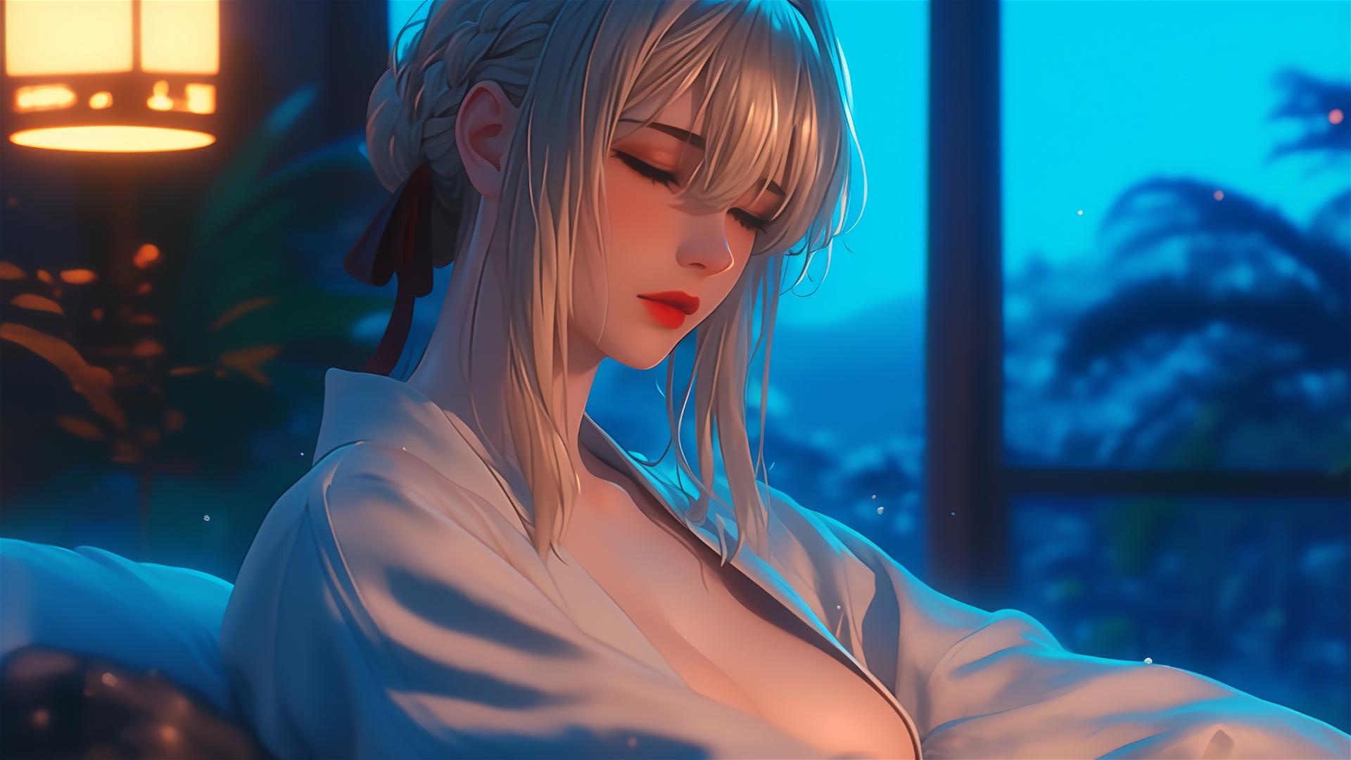 Violet Evergarden resting in apartment with moonlight glow