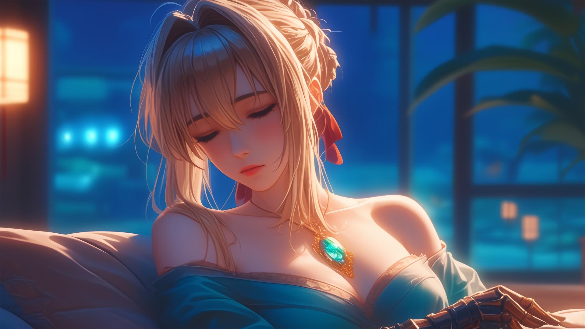 Violet Evergarden resting in apartment under moonlight