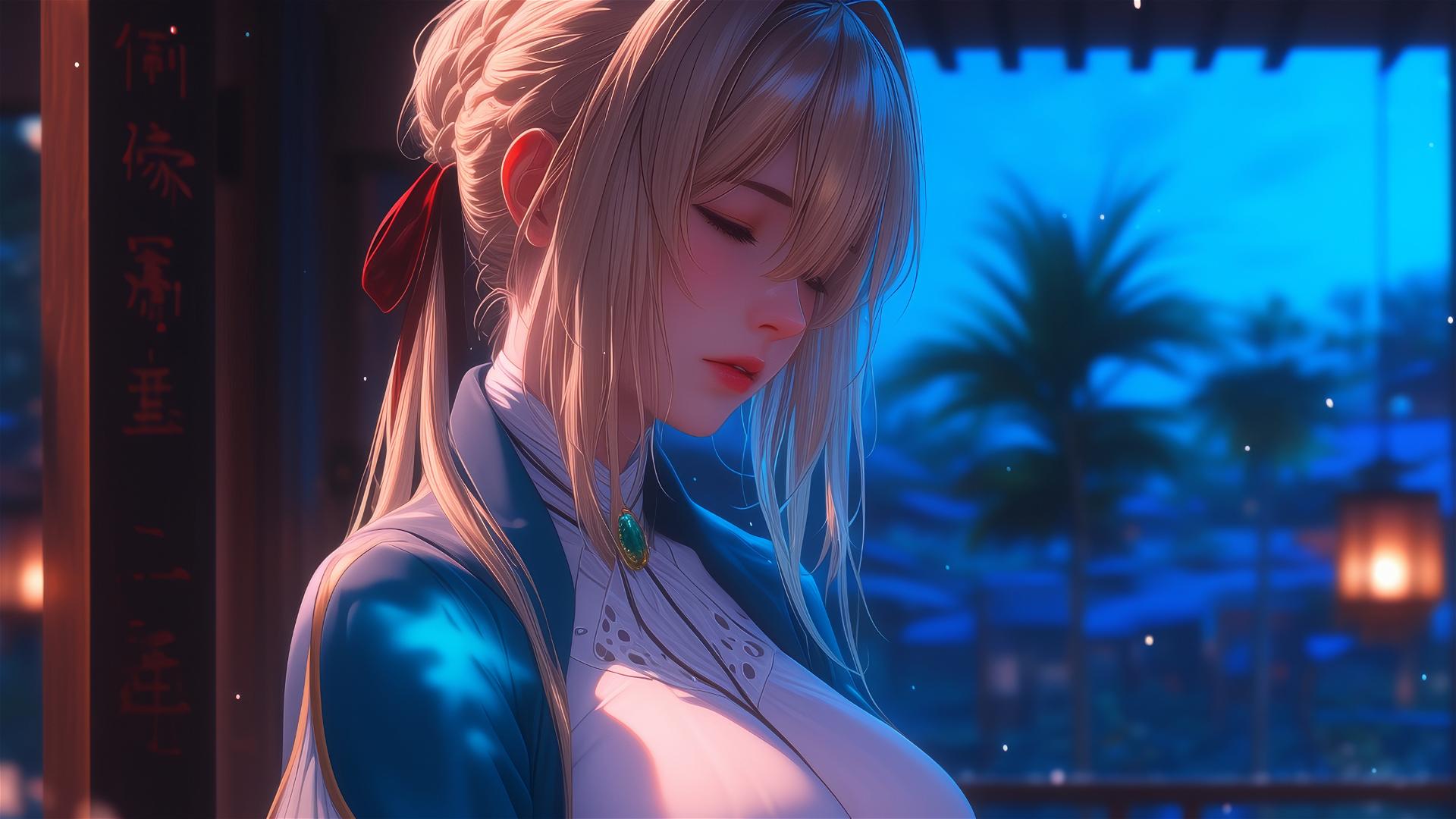 Violet Evergarden resting leisurely with soft moonlight glow