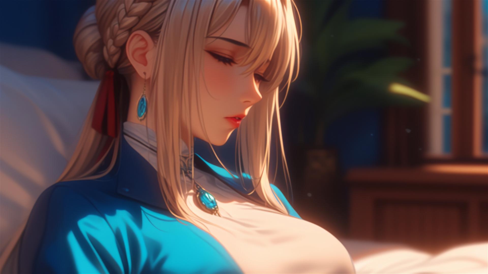 Violet Evergarden resting in apartment with moonlight glow