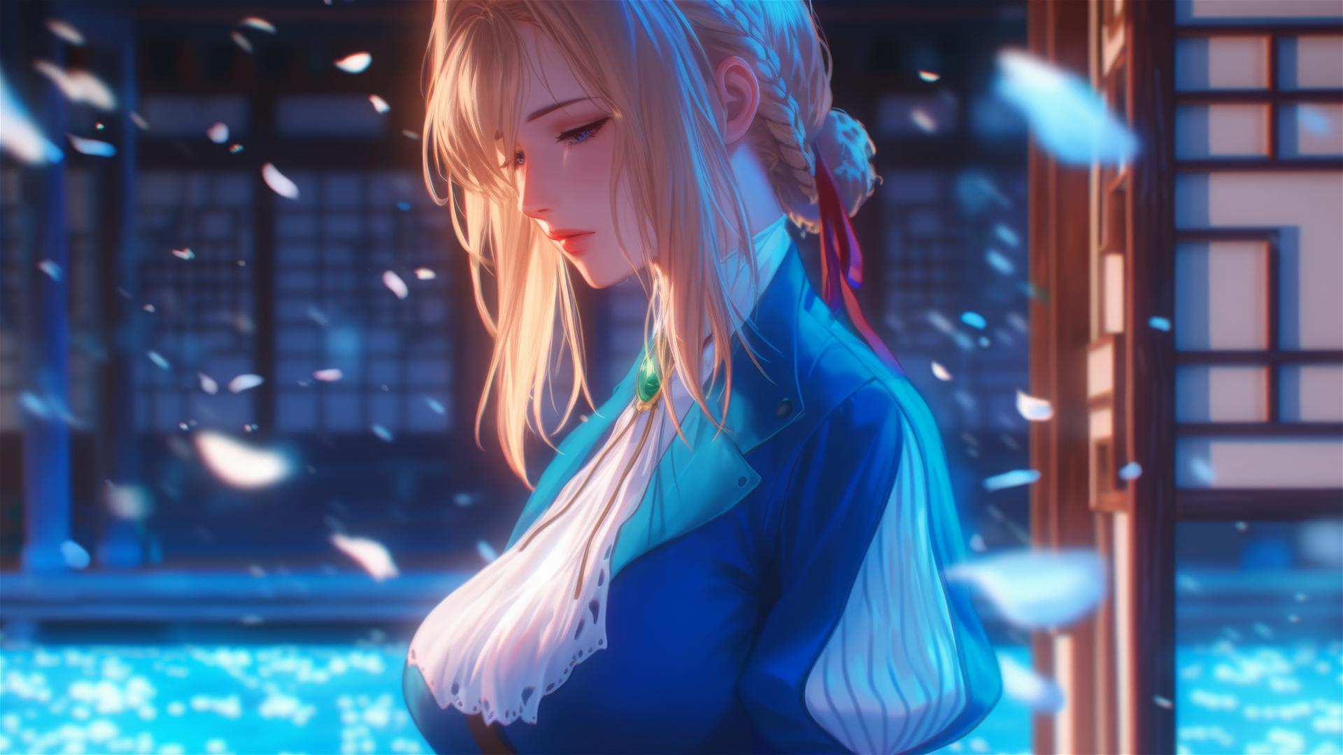 Violet Evergarden standing by her house in moonlight
