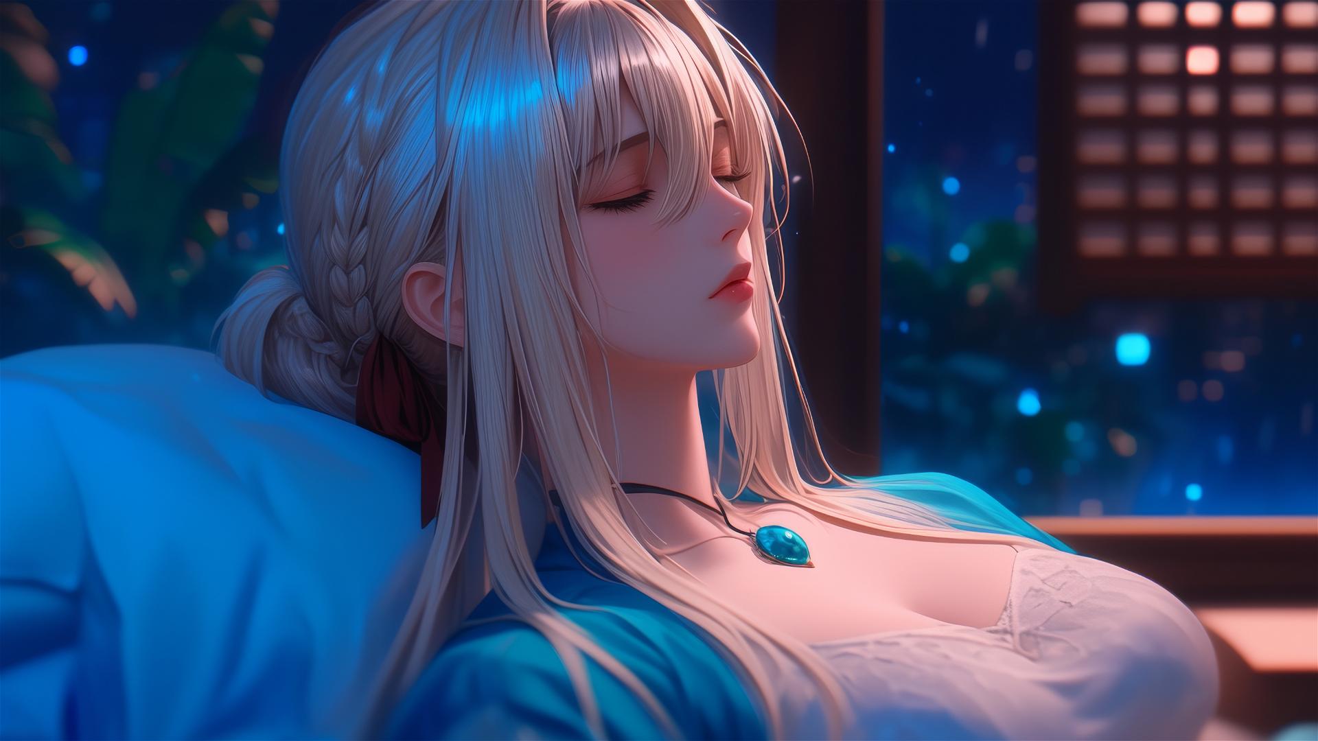 Violet Evergarden resting with moonlight glow
