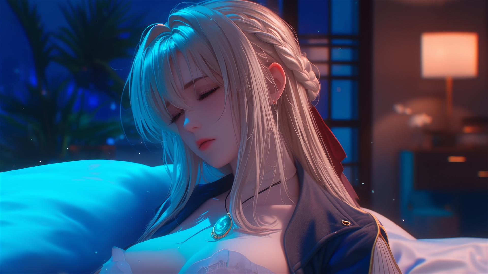 Violet Evergarden resting leisurely in moonlit apartment