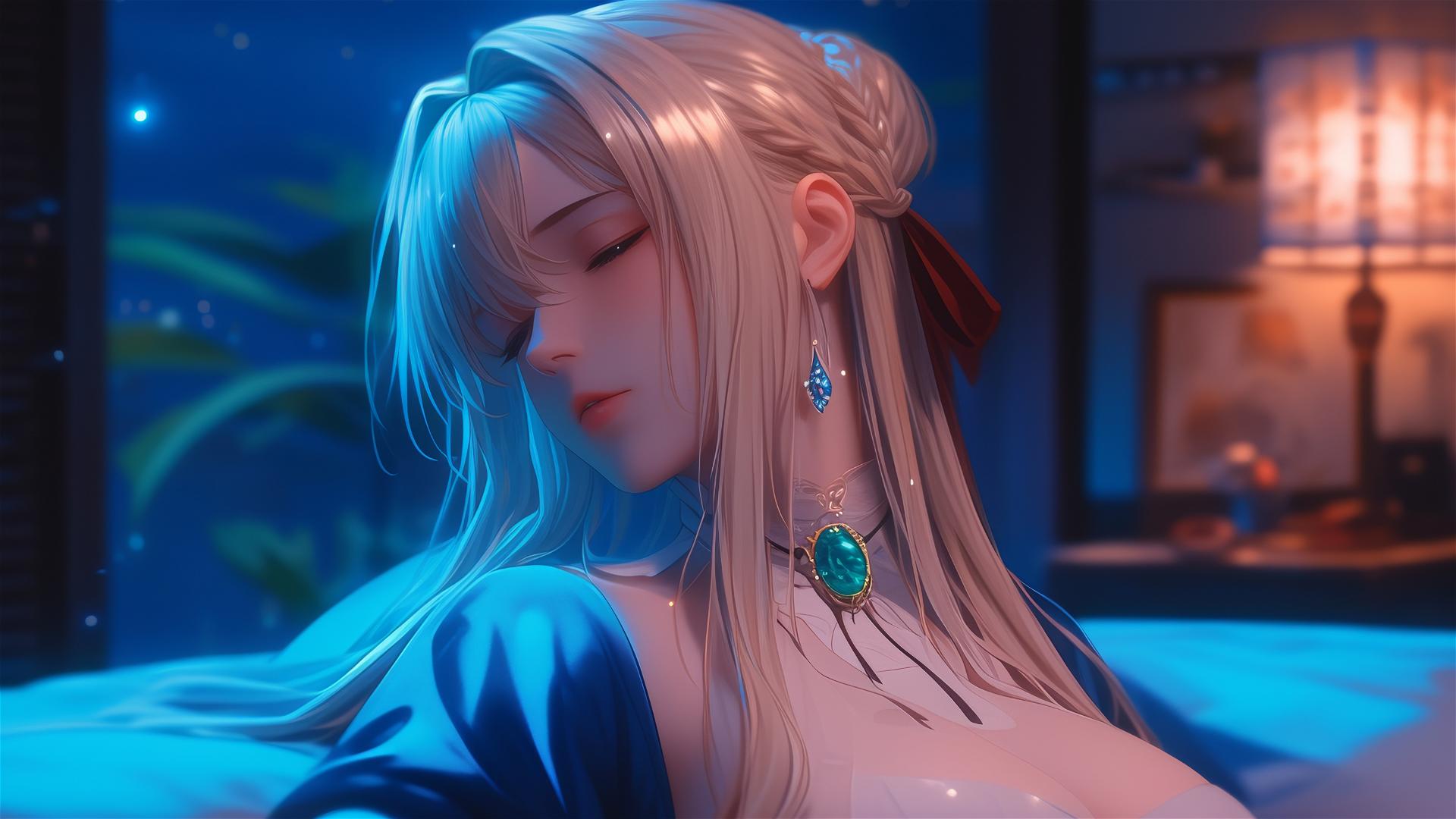 Violet Evergarden resting in moonlit apartment