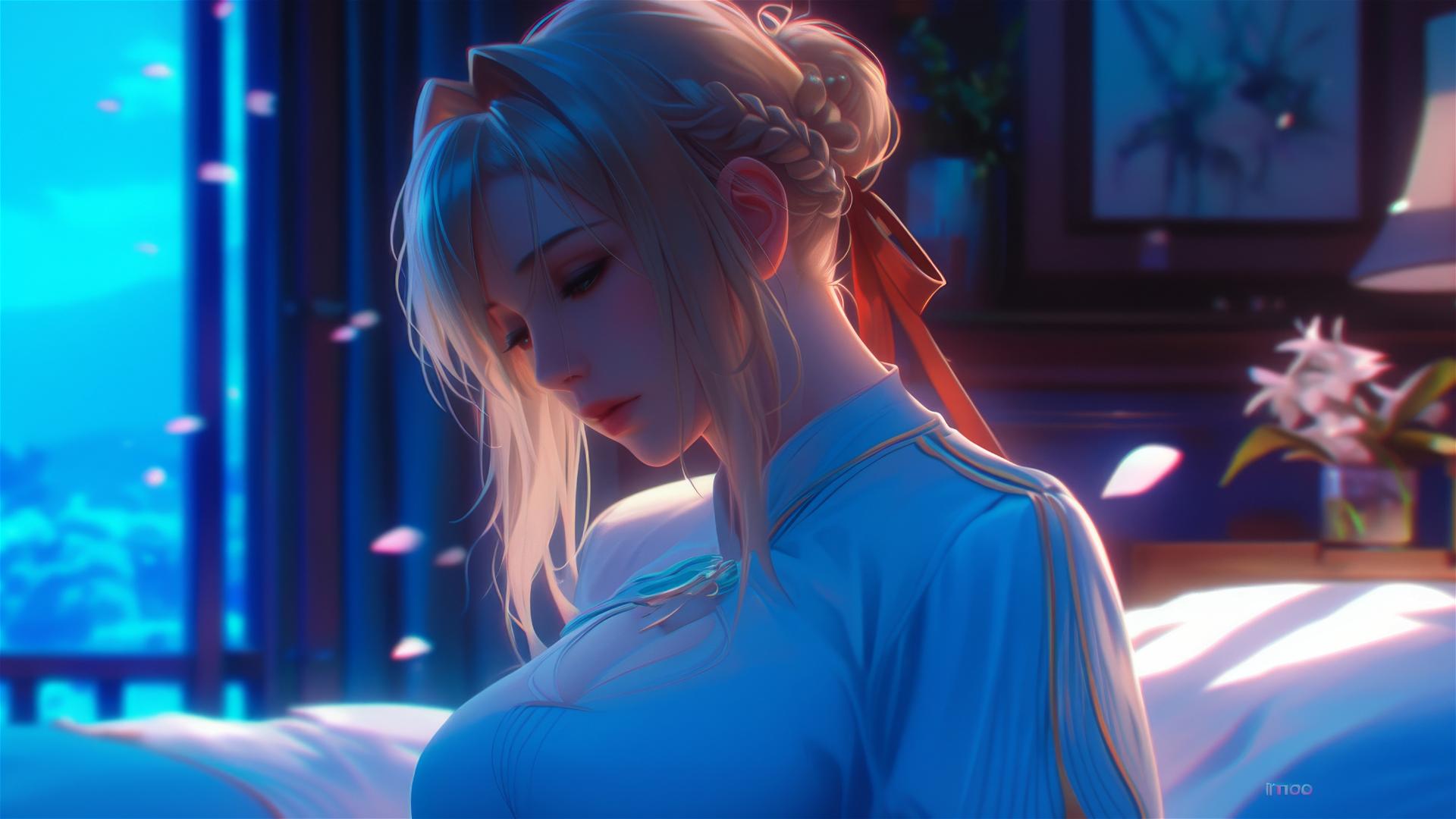 Violet Evergarden resting in apartment under moonlight