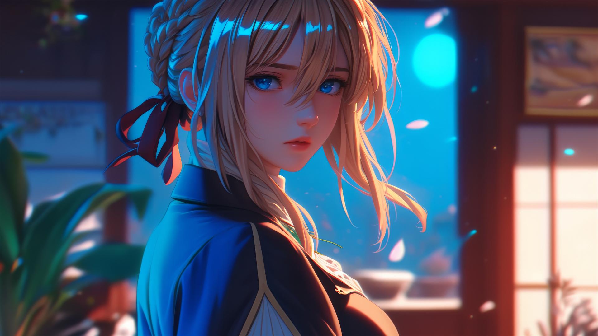 Violet Evergarden standing by her house under moonlight
