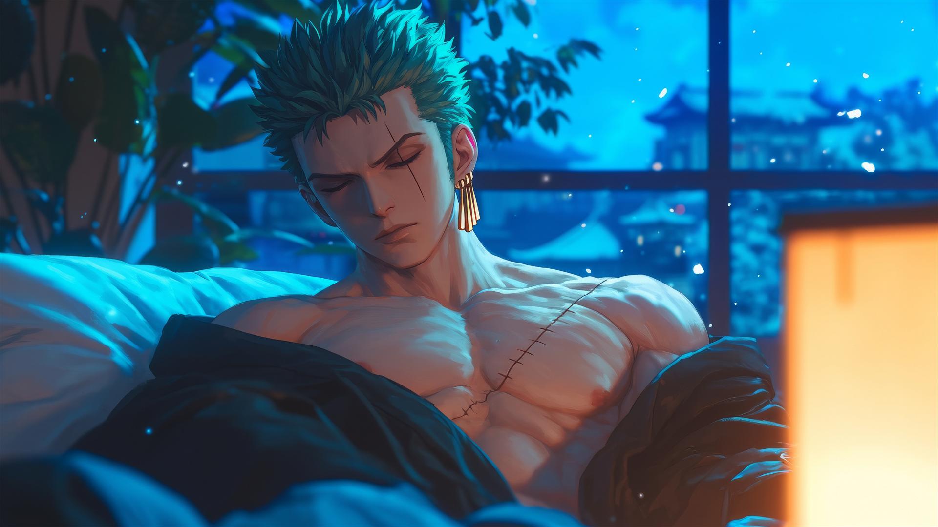 Roronoa Zoro from One Piece relaxing in an apartment under the moonlight